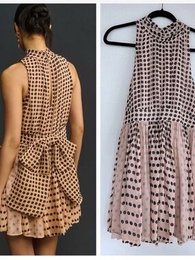 Anthropologie Maeve Sleeveless Mock Neck Pink Polka Dot Swing Dress